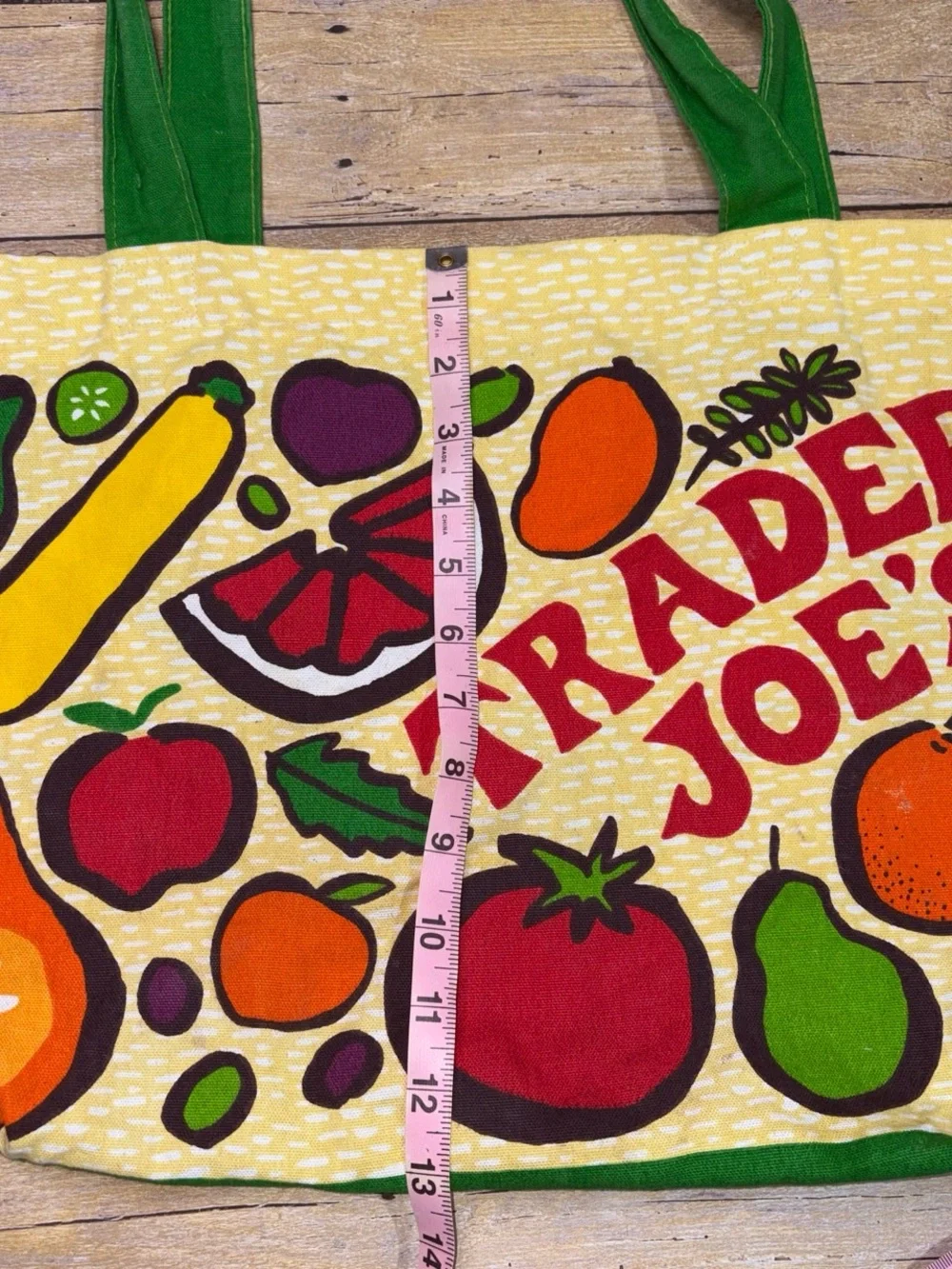 Vintage style Trader Joe's Reusable Tote Bag - Yellow & Green Fruit & Veg Print